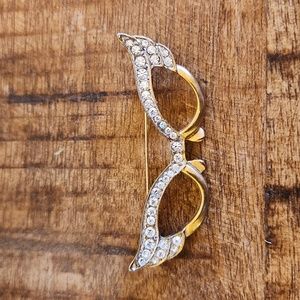 Cat eye eyeglass vintage rhinestone and goldtone pin